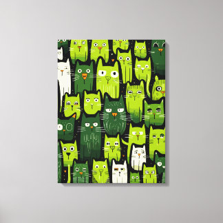 Whimsical Feline Delight - Green Doodle Cat Lover Canvas Print