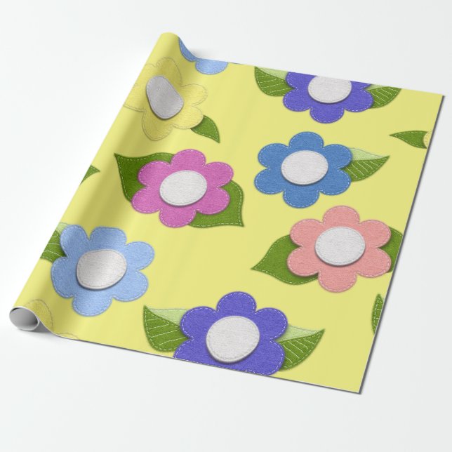 Whimsical Felt Style Flowers Pretty Wrapping Paper (Unrolled)