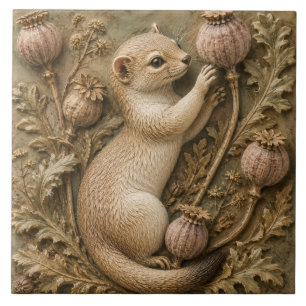 Whimsical Ferret & Poppy Seed Pods Autumn Tile