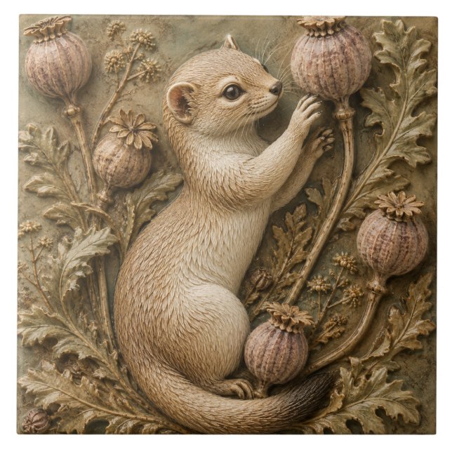 Whimsical Ferret & Poppy Seed Pods Autumn Tile (Front)