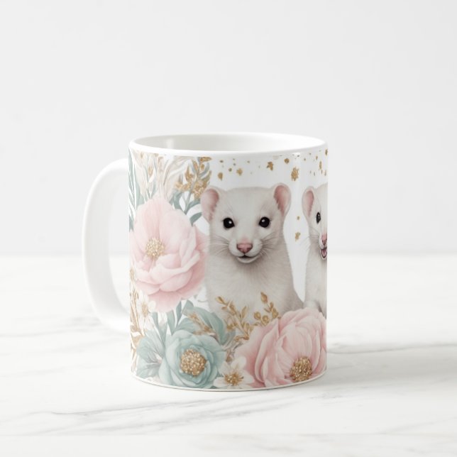 Whimsical Ferrets and Floral Fantasy Coffee Mug (Front Left)