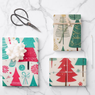 Whimsical Festive Christmas Tree Pattern  Wrapping Paper Sheet