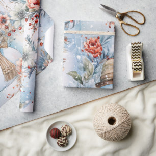 Whimsical Festive Floral Snowman Decoupage Wrapping Paper