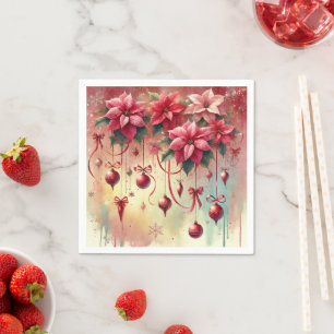 Whimsical Festive Poinsettia Baubles Decoupage Napkin