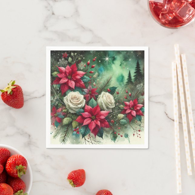 Whimsical Festive Poinsettia Evergreen Decoupage Napkin (Insitu)