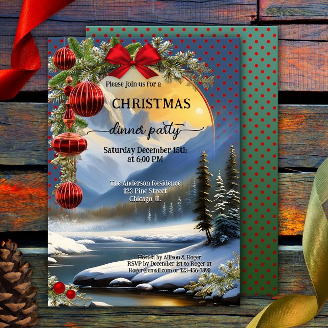 Whimsical Festive Retro Christmas Dinner Party Invitation (Festive Christmas dinner party invitation featuring a winter wonderland with pine trees)