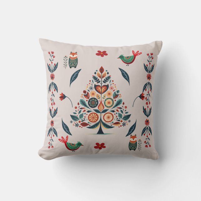 Whimsical Festive Scandinavian Folk Art Christmas Cushion (Front)