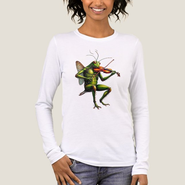 Whimsical Fiddler Grasshopper Graphic Long Sleeve  Tri-Blend Shirt (Front)