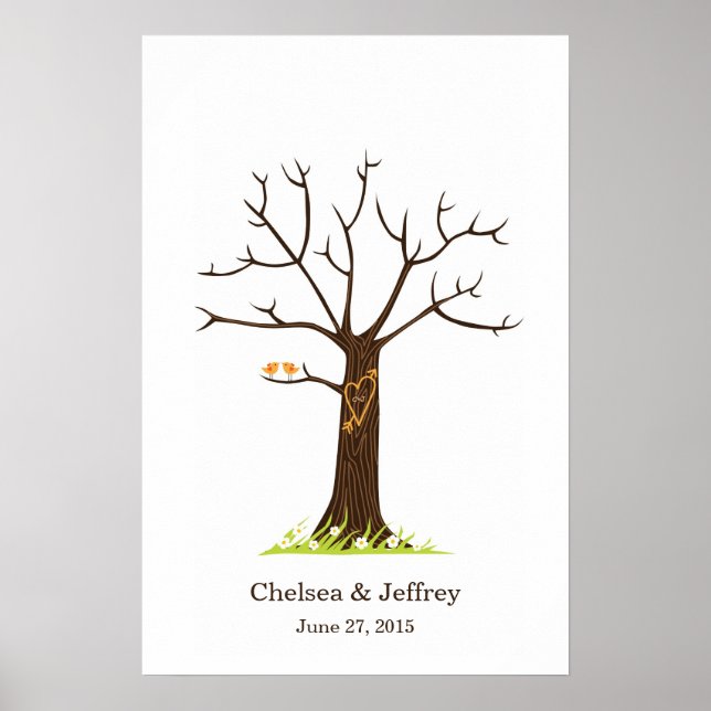 Whimsical Fingerprint Tree with Lovebirds Poster (Front)