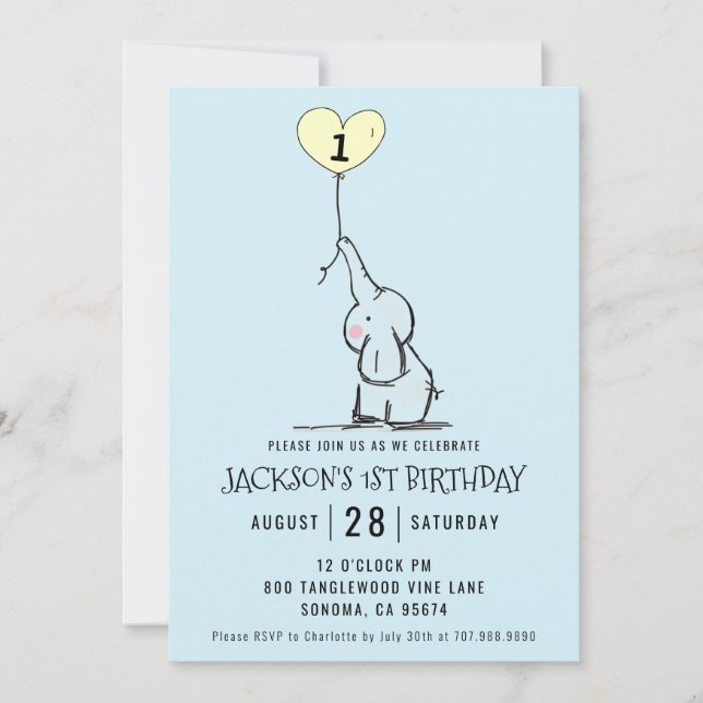 Whimsical First Birthday | Elephant Blue Invitation (Front)