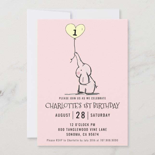 Whimsical First Birthday | Elephant Pink Invitation (Front)