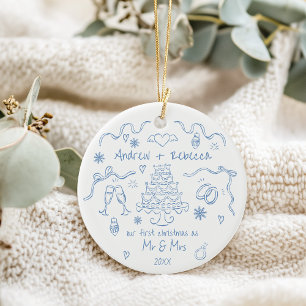 Whimsical first christmas married handdrawn doodle ceramic tree decoration