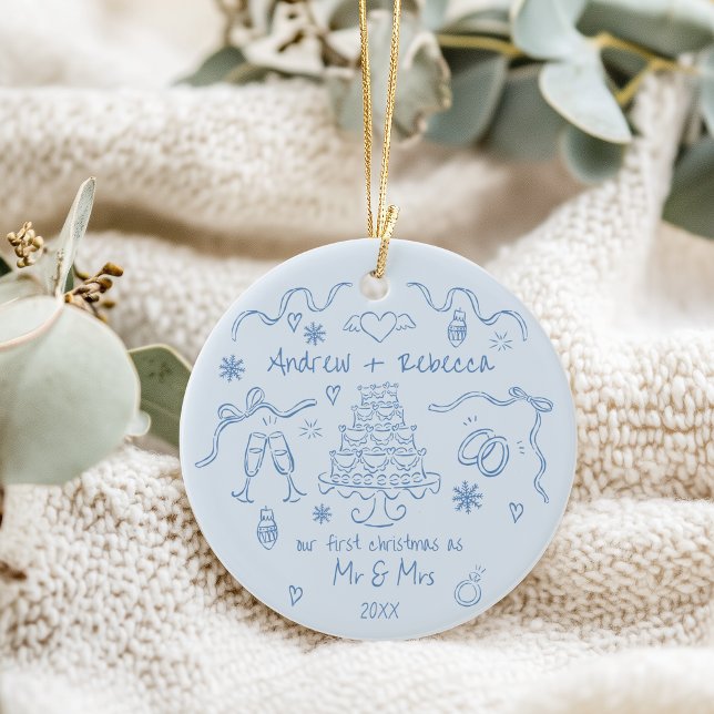 Whimsical first christmas married handdrawn doodle ceramic tree decoration (Creator Uploaded)