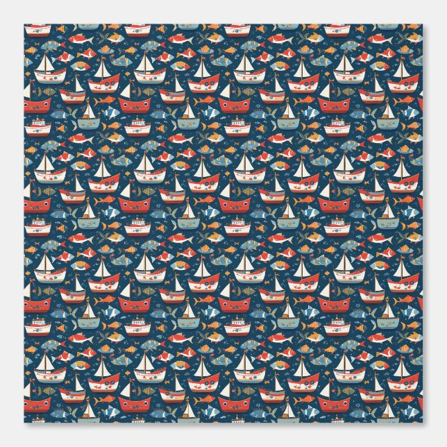 Whimsical Fish and Boat Pattern Wallpaper (Front)