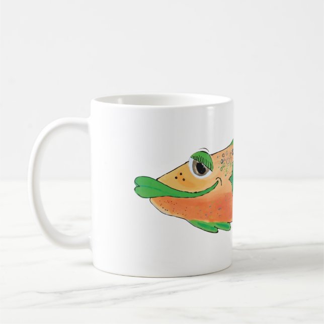 Whimsical Fish Artwork in Orange and Green Coffee Mug (Left)
