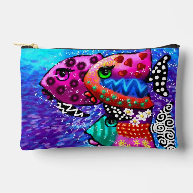 Whimsical Fish Trio Colourful Abstract Nautical Accessory Pouch (Front)