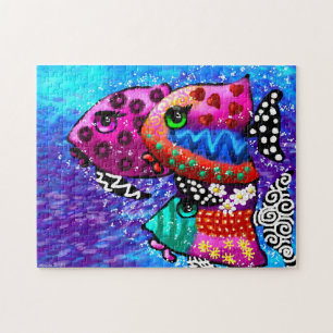 Whimsical Fish Trio Colourful Abstract Nautical Jigsaw Puzzle