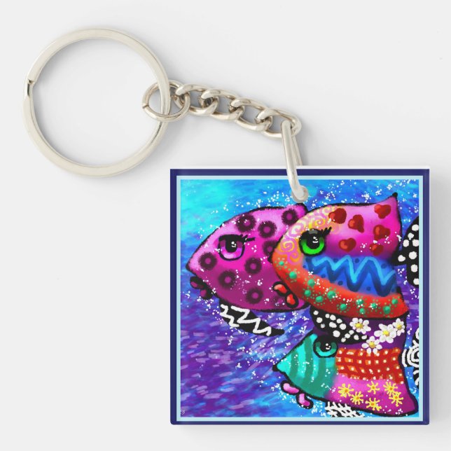 Whimsical Fish Trio Colourful Abstract Nautical Key Ring (Front)