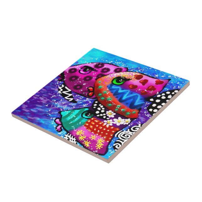 Whimsical Fish Trio Colourful Abstract Nautical Tile (Side)