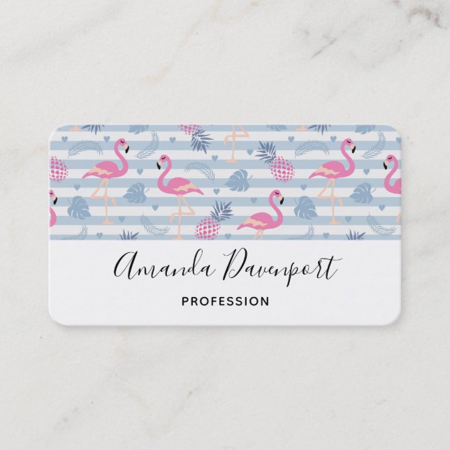 Whimsical Flamingo & Pineapple Pattern Business Card (Front)