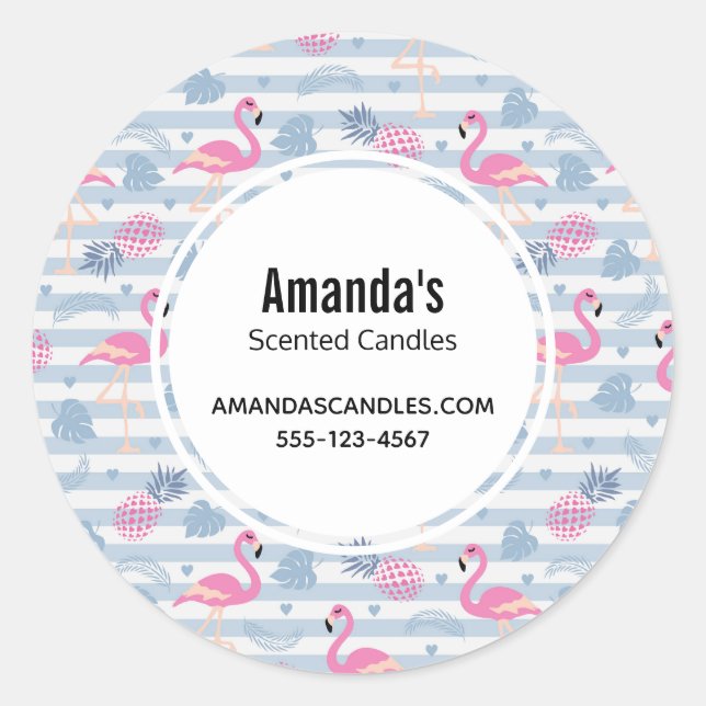 Whimsical Flamingo & Pineapple Pattern Business Classic Round Sticker (Front)