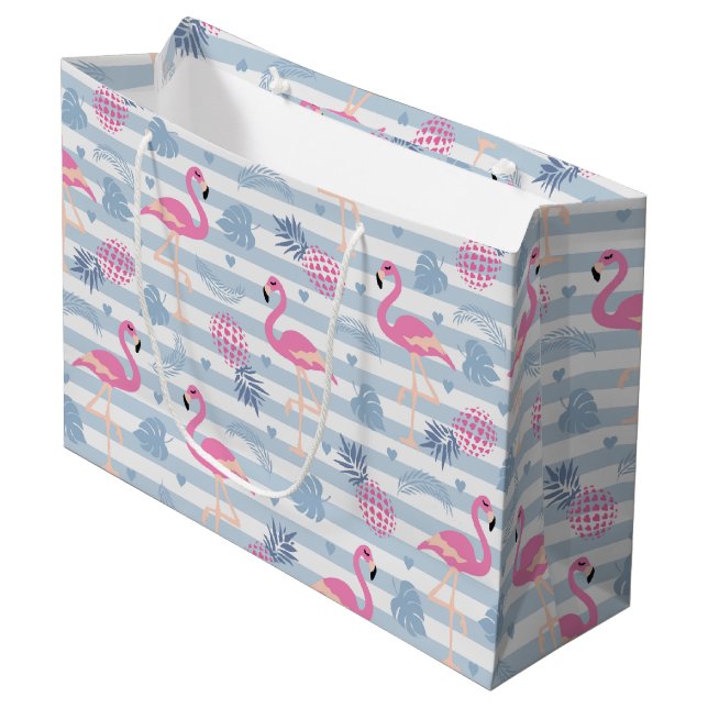 Whimsical Flamingo & Pineapple Pattern Large Gift Bag (Front Angled)