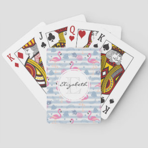 Whimsical Flamingo & Pineapple Pattern Monogram Playing Cards