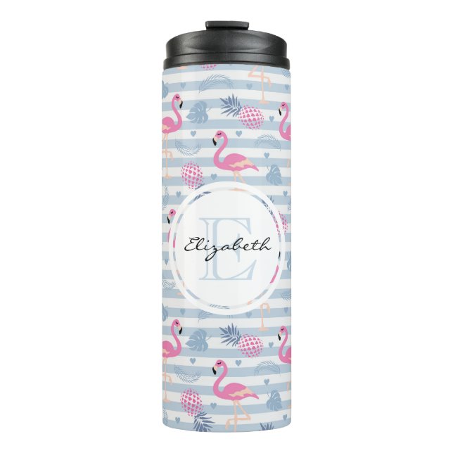 Whimsical Flamingo & Pineapple Pattern Monogram Thermal Tumbler (Front)