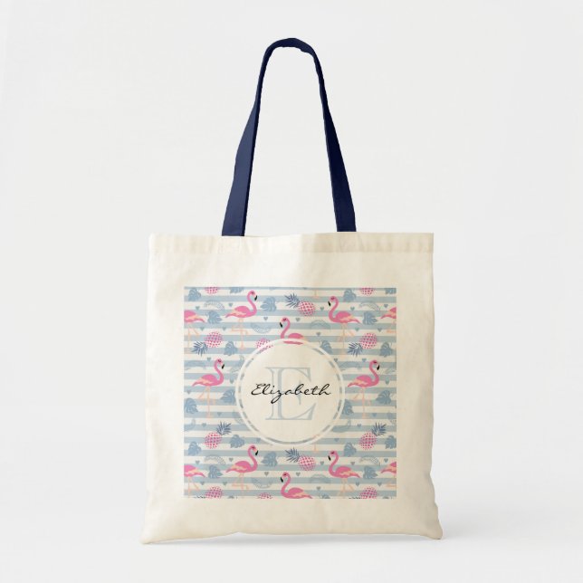 Whimsical Flamingo & Pineapple Pattern Monogram Tote Bag (Front)