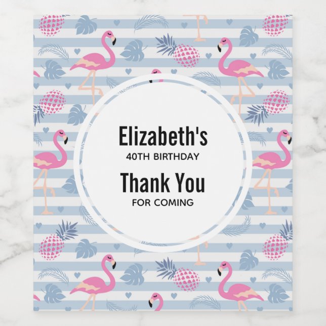 Whimsical Flamingo & Pineapple Pattern Party Favou Wine Label (Single Label)