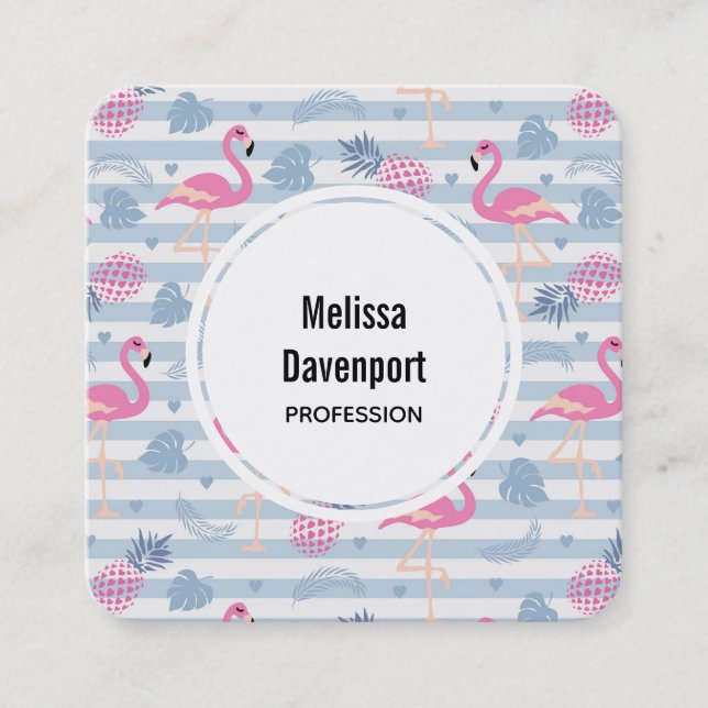 Whimsical Flamingo & Pineapple Pattern Square Business Card (Front)