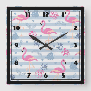 Whimsical Flamingo & Pineapple Pattern Square Wall Clock