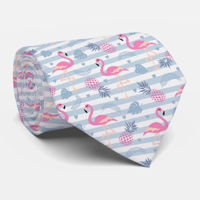 Whimsical Flamingo & Pineapple Pattern Tie (Rolled)