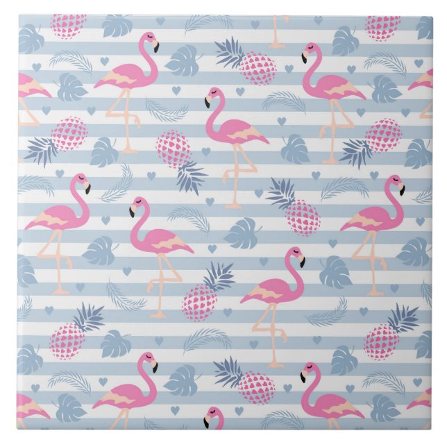 Whimsical Flamingo & Pineapple Pattern Tile (Front)