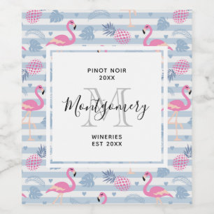 Whimsical Flamingo & Pineapple Pattern Wine Making Label