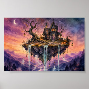 Whimsical Floating Witch House Cozy Ghost Island Poster