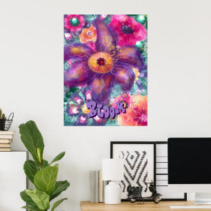 Whimsical Floral Abstract Art Teal Personalised Poster