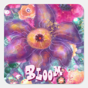 Whimsical Floral Abstract Art Teal Personalised Square Sticker