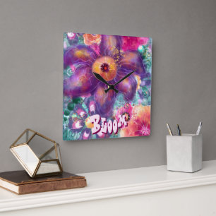 Whimsical Floral Abstract Art Teal Personalised Square Wall Clock