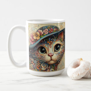 Whimsical Floral Abstract Kitty Cat with Hat Coffee Mug