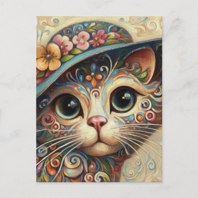 Whimsical Floral Abstract Kitty Cat with Hat Postcard (Front)