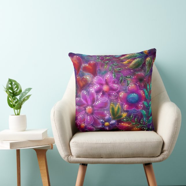 Whimsical Floral Abstract Purple Pink Flowers Cushion (Chair)