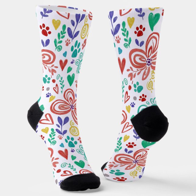 Whimsical Floral and Paw Print  Socks (Angled)