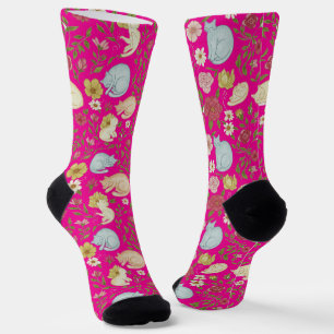 Whimsical Floral and Sleepy Cat Pattern Socks