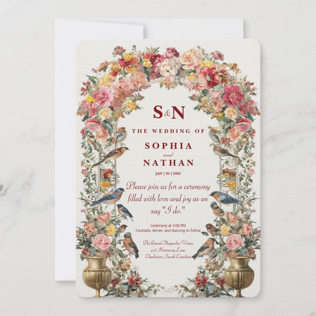 Whimsical Floral Arch Wedding Invitation with Bird (Front)