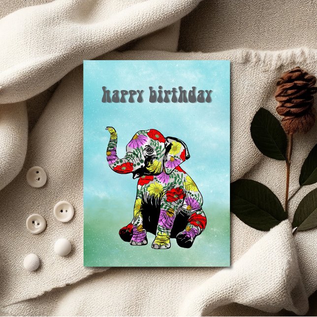 Whimsical Floral Baby Elephant Birthday Card (Unique Birthday Cards: Geometric and Flat Art styles featuring florals, animals, and modern designs.)