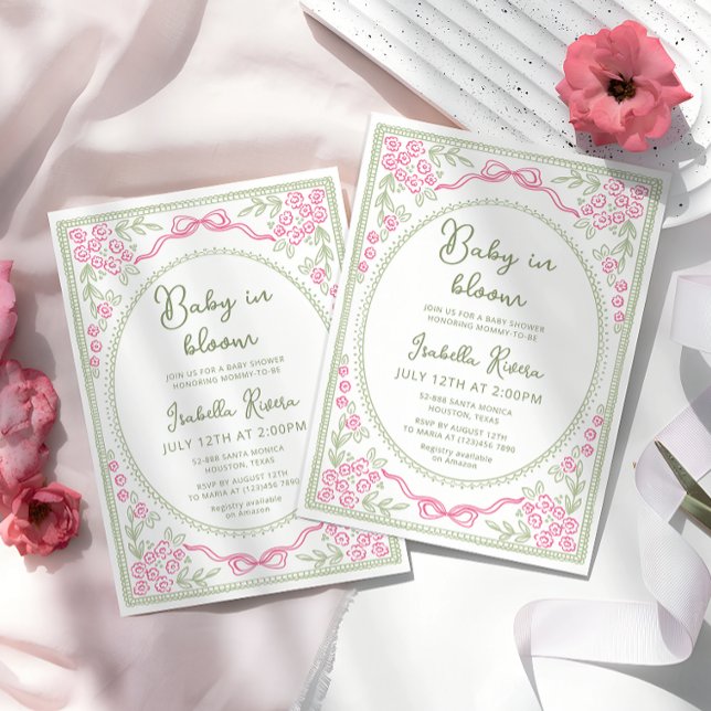 Whimsical Floral Baby Shower Pink and Green  Invitation (Creator Uploaded)