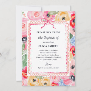 Whimsical Floral Baptism Colorful Flowers and Bow Invitation