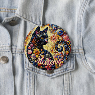 Whimsical Floral Black Cat Kitty Personalised 10 Cm Round Badge