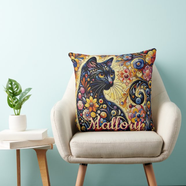 Whimsical Floral Black Cat Kitty Personalised Cushion (Chair)